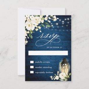 White Roses Rustic Blue Wood Lantern RSVP Card