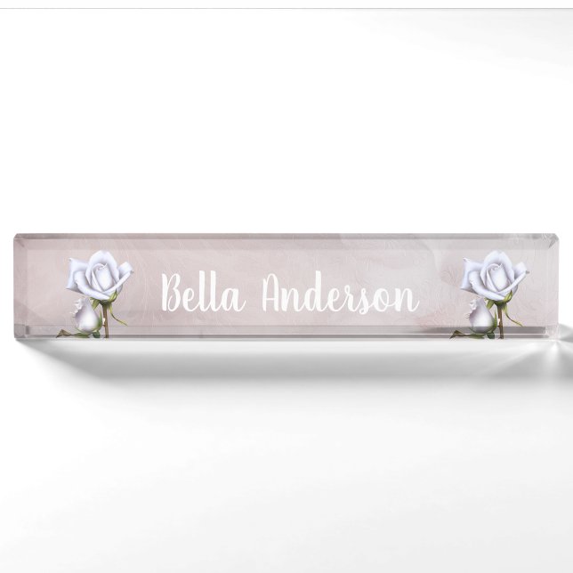 White Roses Rustic Floral Elegant Shabby Chic Nameplate (Front)
