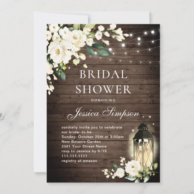 White Roses Rustic Wood Lantern Bridal Shower Invitation (Front)