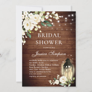 White Roses Rustic Wood Lantern Bridal Shower Invitation