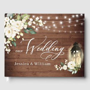 White Roses Rustic Wood Lantern PHOTO Wedding Guest Book
