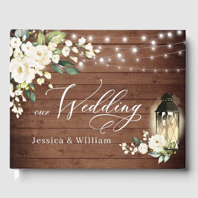 White Roses Rustic Wood Lantern PHOTO Wedding Guest Book (Front)