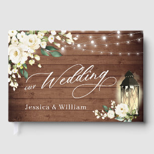 White Roses Rustic Wood Lantern PHOTO Wedding Guest Book