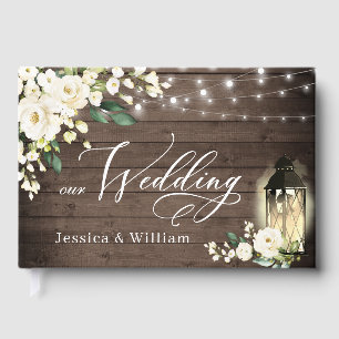 White Roses Rustic Wood Lantern PHOTO Wedding Guest Book