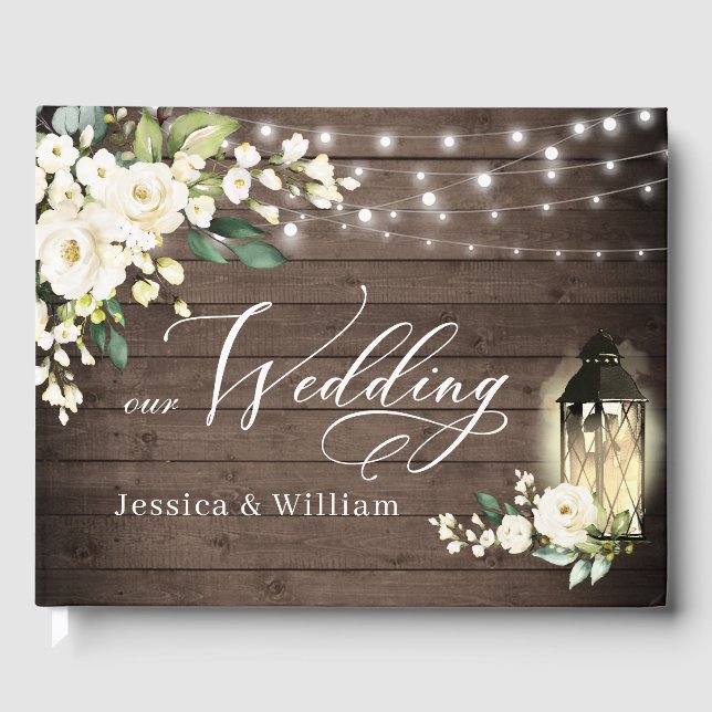 White Roses Rustic Wood Lantern PHOTO Wedding Guest Book (Front)