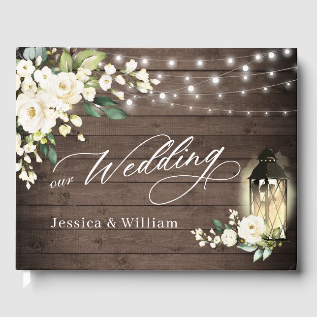 White Roses Rustic Wood Lantern PHOTO Wedding Guest Book (Front)