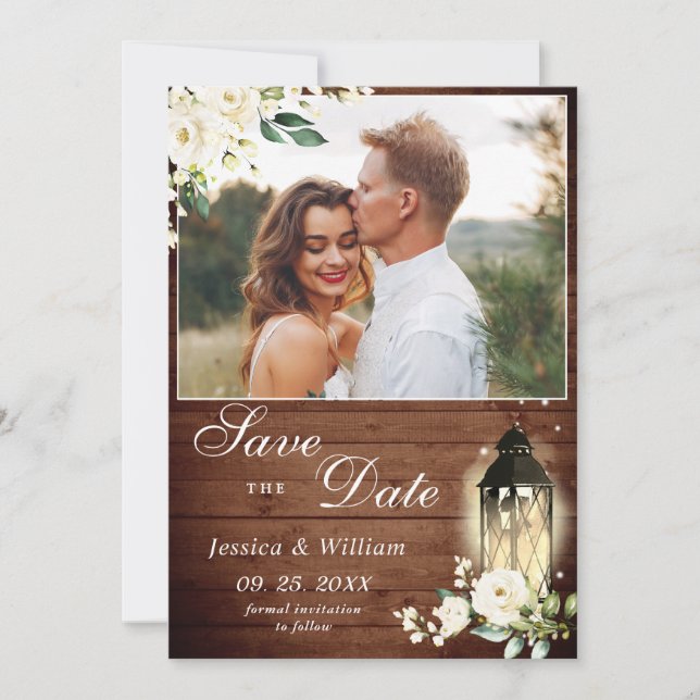 White Roses Rustic Wood Lantern Photo Wedding Save The Date (Front)