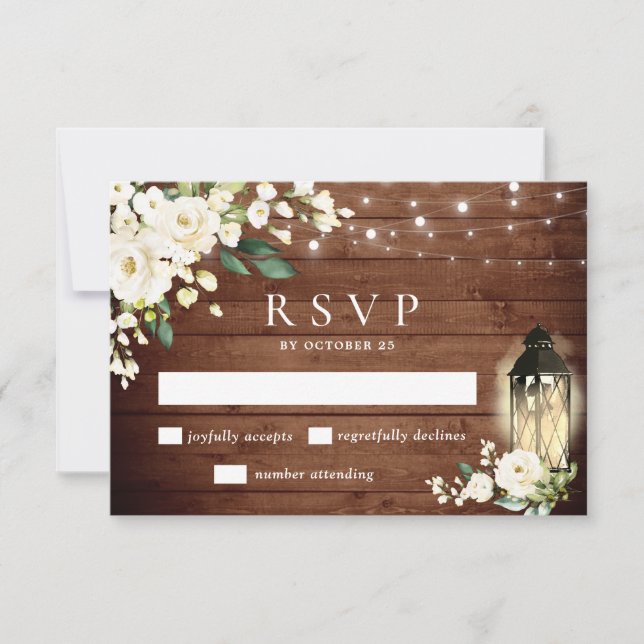 White Roses Rustic Wood Lantern RSVP Card (Front)