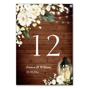 White Roses Rustic Wood Lantern Table Number