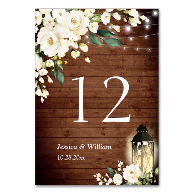 White Roses Rustic Wood Lantern Table Number (Front)