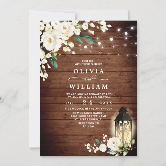 White Roses Rustic Wood Lantern Watercolor Wedding Invitation (Front)