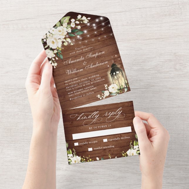 White Roses Rustic Wood Lantern Wedding All In One Invitation (Tearaway)