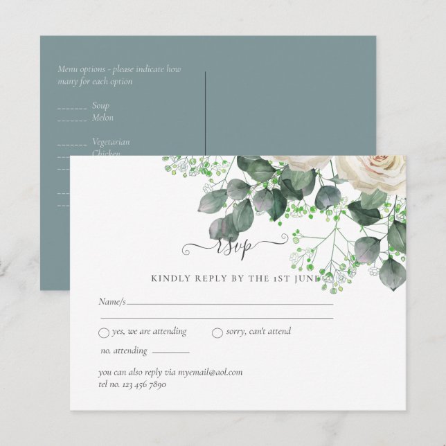 White Roses Sage Eucalyptus Leaves Wedding Budget Postcard (Front/Back)