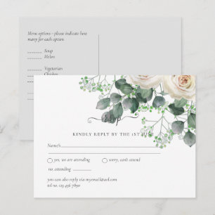White Roses Sage Eucalyptus Leaves Wedding RSVP Postcard