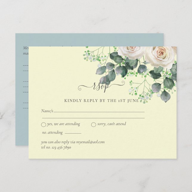 White Roses Sage Eucalyptus Lemon Yellow RSVP Postcard (Front/Back)