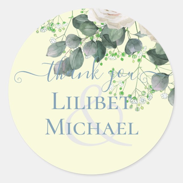 White Roses Sage Eucalyptus Lemon Yellow WEDDING Classic Round Sticker (Front)