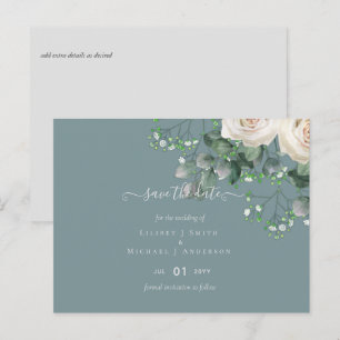 White Roses Sage Eucalyptus Wedding Save Dates Postcard