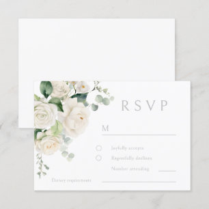 White Roses & Sage Leaf Wedding RSVP Card