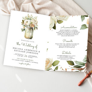 White Roses Sage Leaves Mason Jar QR Code Wedding Invitation