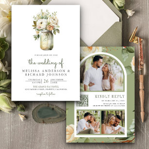 White Roses Sage Leaves Mason Jar QR Code Wedding  Invitation