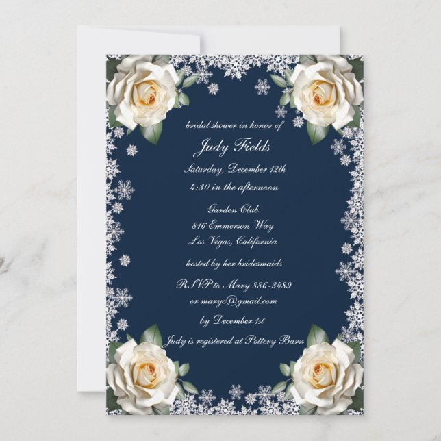 White Roses Snowflake Christmas Bridal Shower Invitation (Front)