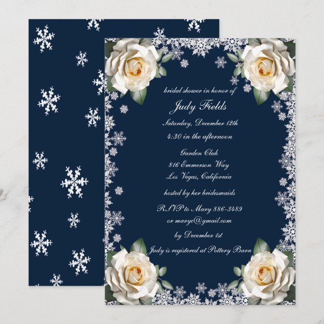 White Roses Snowflake Christmas Bridal Shower Invitation (Front/Back)