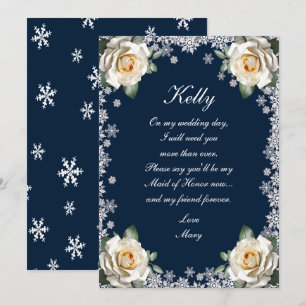 White Roses Snowflake Christmas Maid Of Honour Invitation