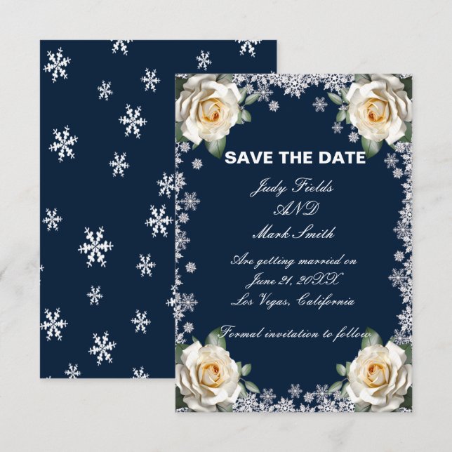 White Roses Snowflake Christmas Save The Date (Front/Back)