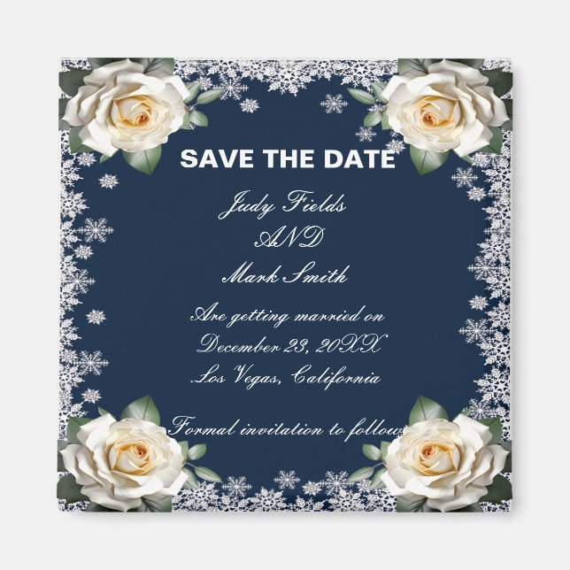 White Roses Snowflake Christmas Save The Date Magnet (Front)