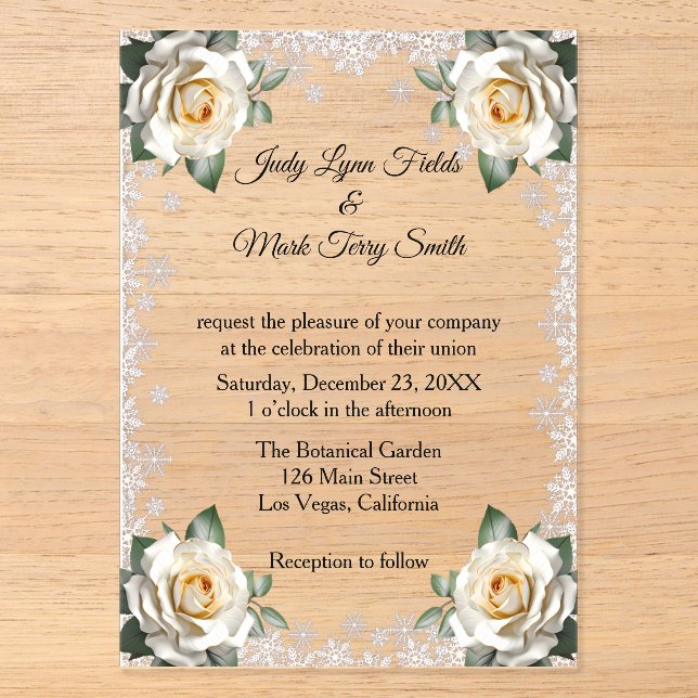 White Roses Snowflake Christmas Wedding Acrylic Invitations (Front)