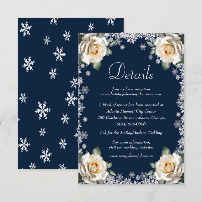 White Roses Snowflake Christmas Wedding Details Enclosure Card (Front/Back)