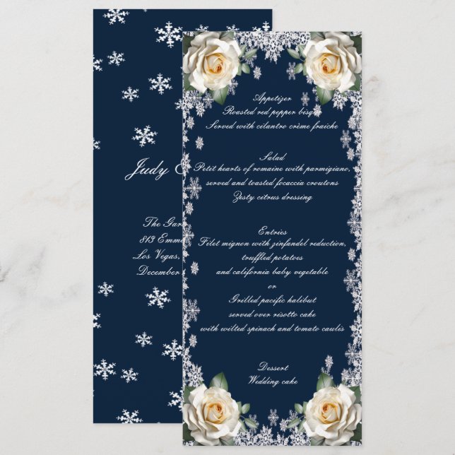 White Roses Snowflake Christmas Wedding Menu (Front/Back)