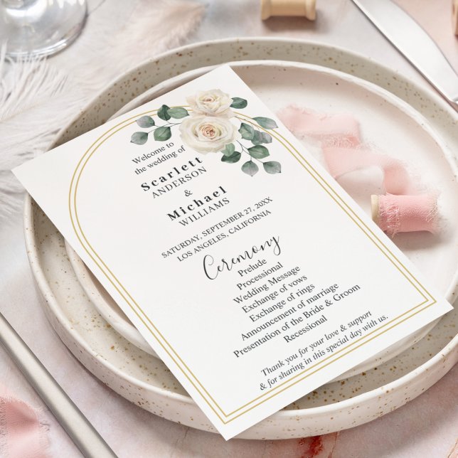 White roses Spring Floral Romantic Wedding (Angled view watercolor white roses garden vintage gold and white elegant luxury wedding program)