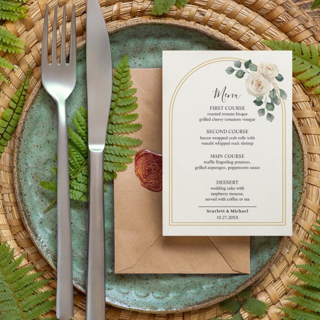 White roses Spring Floral Romantic Wedding Menu (Top view minimal floral golden wedding arch gold white foliage elegant luxury wedding menu)