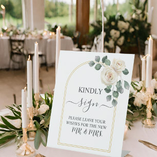 White roses Spring Floral Romantic Wedding Pedestal Sign