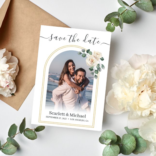 White roses Spring Floral Romantic Wedding Save The Date (Flat lay simple unique modern typography watercolor white roses garden elegant wedding save the date)