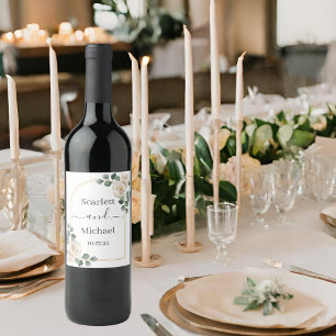 White roses Spring Floral Romantic Wedding Wine Label
