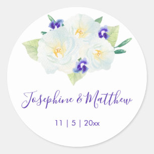 White Roses & Violet Flowers Wedding Classic Round Sticker