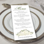 White Roses Watercolor Floral Elegant Wedding Menu<br><div class="desc">This beautiful wedding menu features a rustic boho chic design with a script calligraphy title and a cluster of hand painted watercolor roses, blossoms, and greenery in shades of ivory, white, and cream. The text is completely customizable with space for the couple's name & wedding date at the bottom. The...</div>