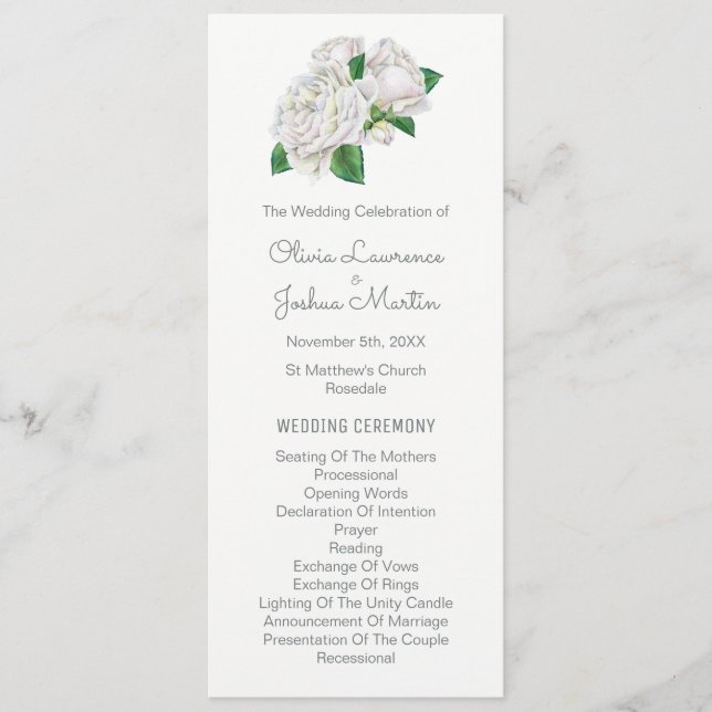 White Roses Watercolor Wedding Programs (Front)