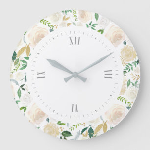 White roses watercolors pattern large clock