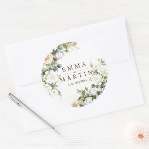 White Roses Wedding Elegant Flowers Classic Round Sticker