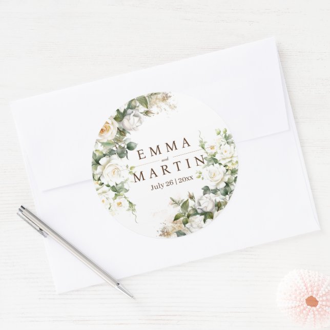 White Roses Wedding Elegant Flowers Classic Round Sticker (Envelope)