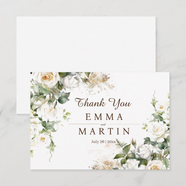 White Roses Wedding Flower Thank You Card (Front/Back)