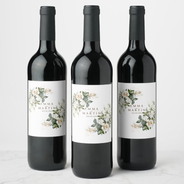 White Roses Wedding Flower Wine Label (Bottles)