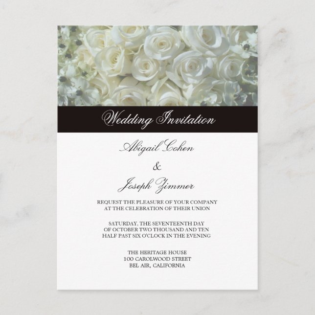 White Roses Wedding Invitation Postcards (Front)