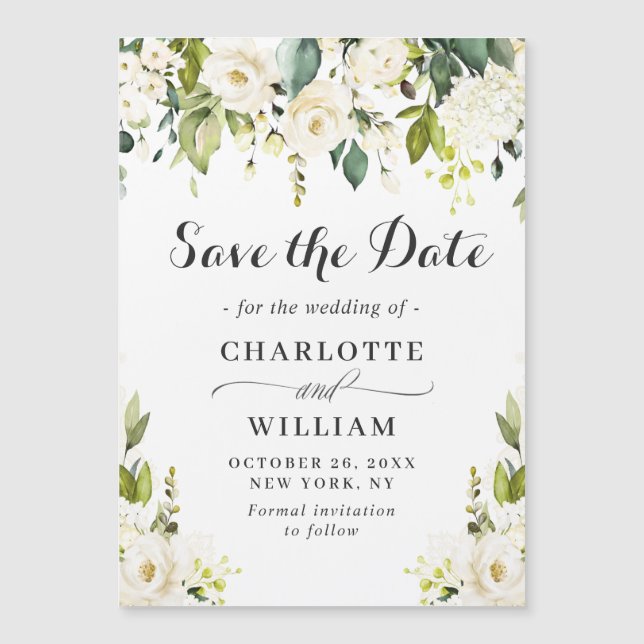 White Roses Wedding Save the Date Magnetic Card (Front)