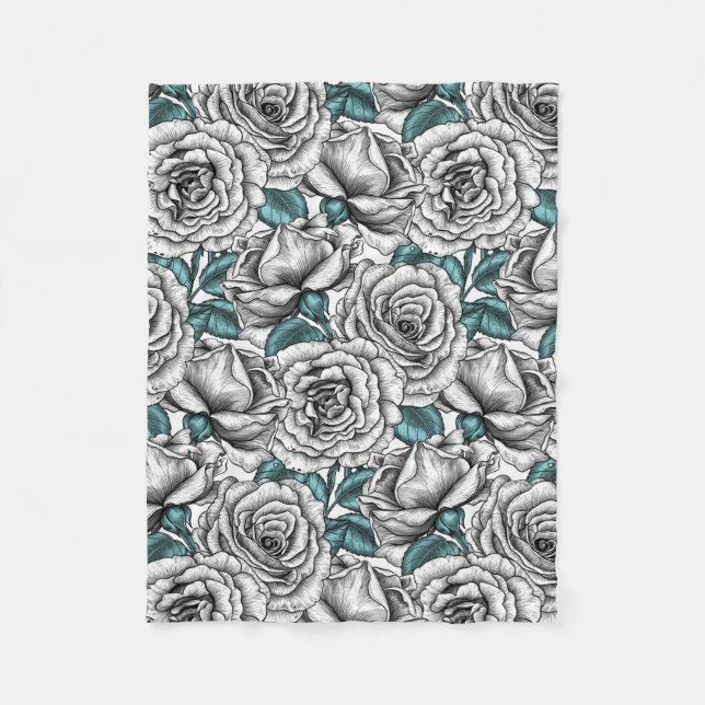 White roses with blue leaves fleece blanket (Front)