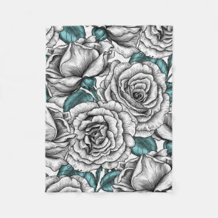 White roses with blue leaves fleece blanket