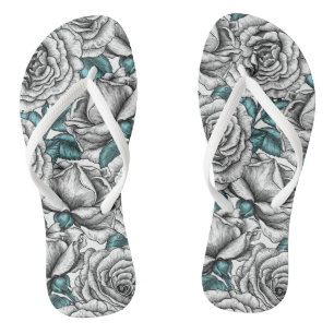 White roses with blue leaves flip flops